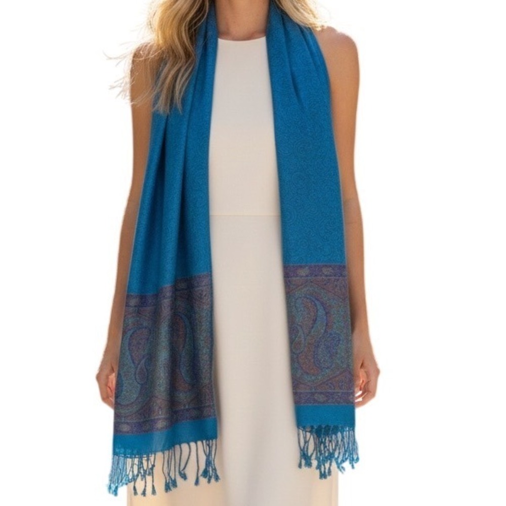 Luxury Pashmina Scarf Teal Paisley Print Tassels Elegant Accessory